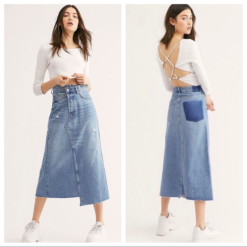 Free People Blue Denim Midi Skirt